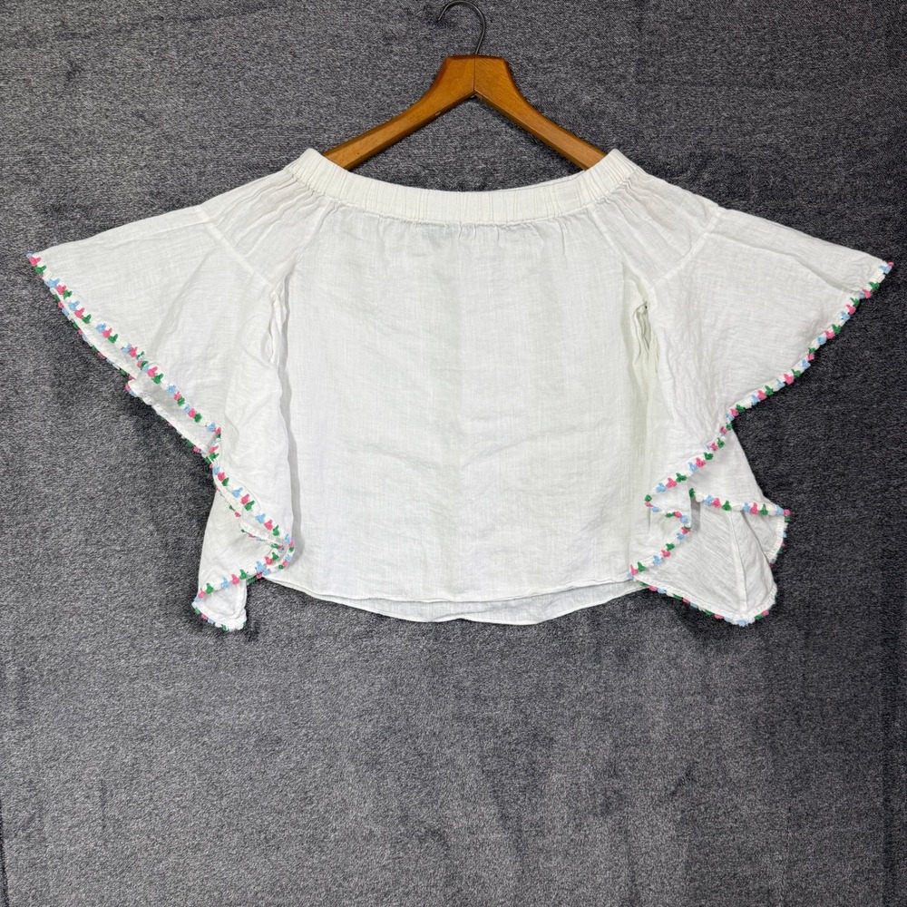 Zara Woman White 100% Linen Off Shoulder‎ Pom Pom Trim Flutter Sleeve Top Small